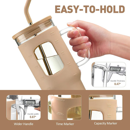 Glass Tumbler with Lid, 32 oz Glass Cup with Handle, Glass Water Bottles with Time Marker, 2 Straws - Pearl Straw & Silicone Protective Sleeve - Olive