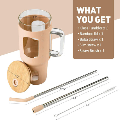 Glass Tumbler with Lid, 32 oz Glass Cup with Handle, Glass Water Bottles with Time Marker, 2 Straws - Pearl Straw & Silicone Protective Sleeve - Olive