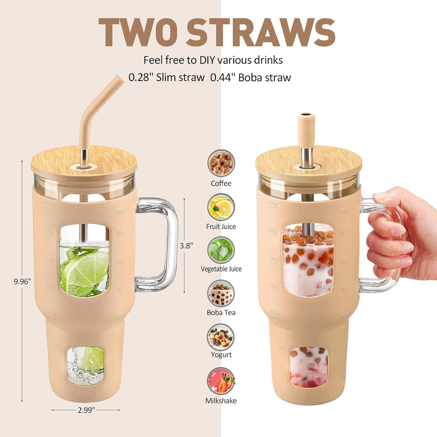 Glass Tumbler with Lid, 32 oz Glass Cup with Handle, Glass Water Bottles with Time Marker, 2 Straws - Pearl Straw & Silicone Protective Sleeve - Olive