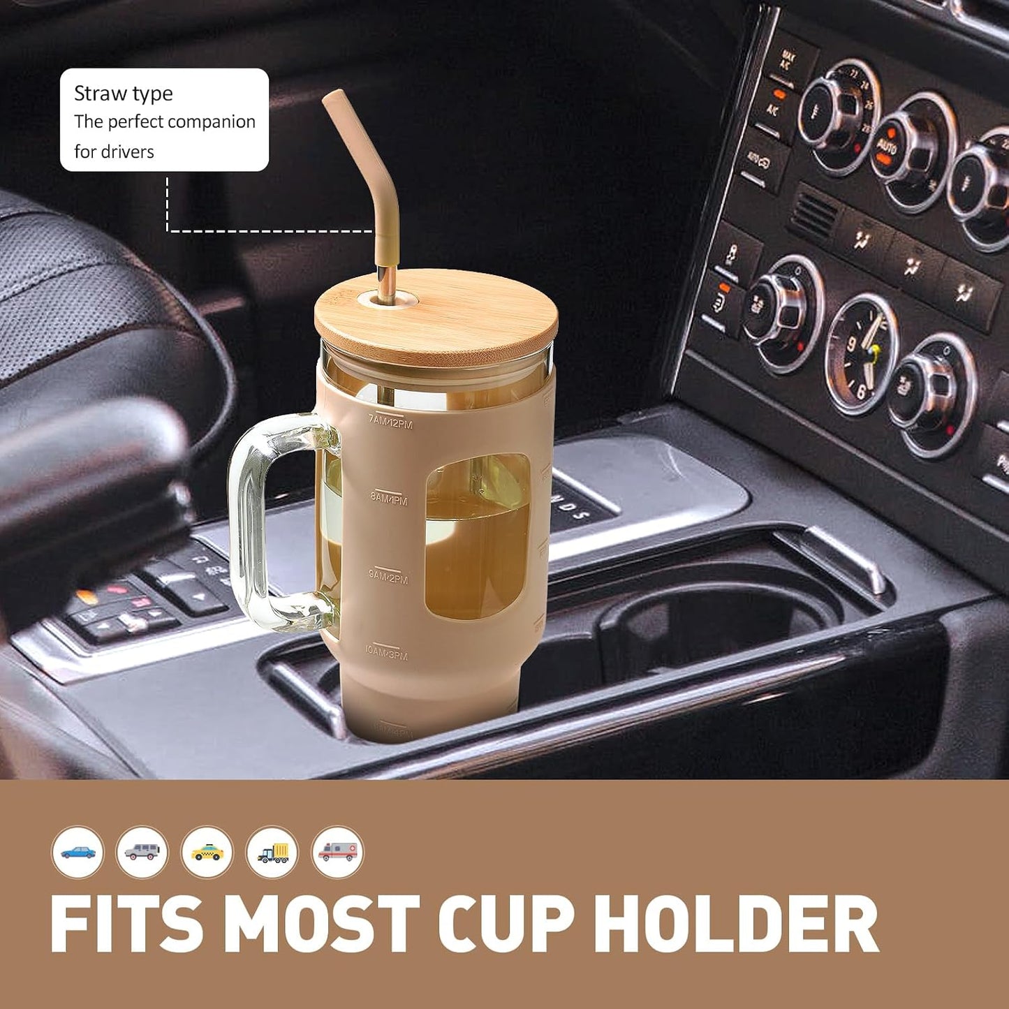 Glass Tumbler with Lid, 32 oz Glass Cup with Handle, Glass Water Bottles with Time Marker, 2 Straws - Pearl Straw & Silicone Protective Sleeve - Olive