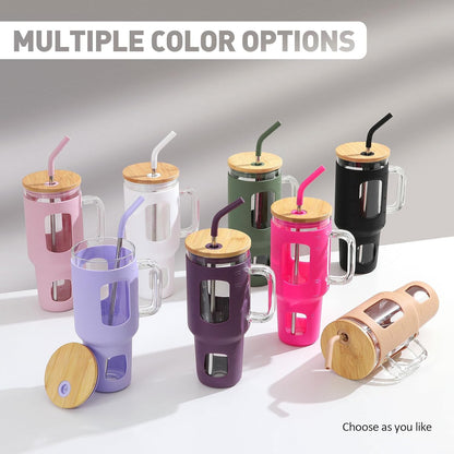 Glass Tumbler with Lid, 32 oz Glass Cup with Handle, Glass Water Bottles with Time Marker, 2 Straws - Pearl Straw & Silicone Protective Sleeve - Olive