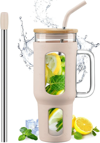 Glass Tumbler with Lid, 32 oz Glass Cup with Handle, Glass Water Bottles with Time Marker, 2 Straws - Pearl Straw & Silicone Protective Sleeve - Olive