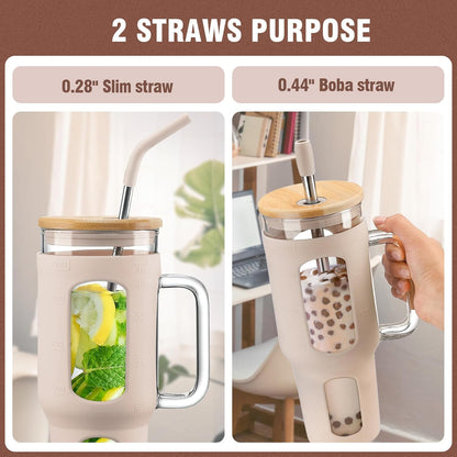 Glass Tumbler with Lid, 32 oz Glass Cup with Handle, Glass Water Bottles with Time Marker, 2 Straws - Pearl Straw & Silicone Protective Sleeve - Olive