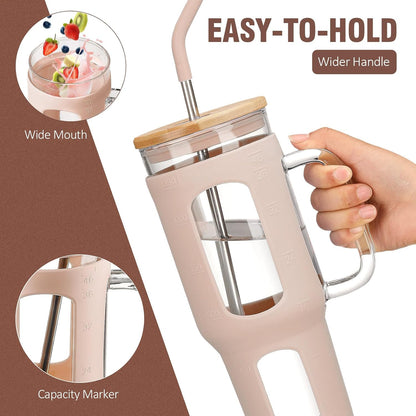 Glass Tumbler with Lid, 32 oz Glass Cup with Handle, Glass Water Bottles with Time Marker, 2 Straws - Pearl Straw & Silicone Protective Sleeve - Olive