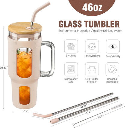 Glass Tumbler with Lid, 32 oz Glass Cup with Handle, Glass Water Bottles with Time Marker, 2 Straws - Pearl Straw & Silicone Protective Sleeve - Olive