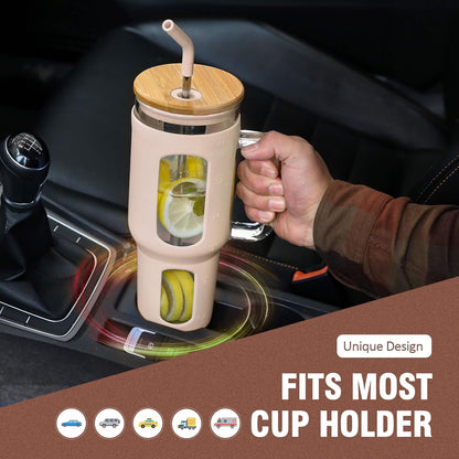 Glass Tumbler with Lid, 32 oz Glass Cup with Handle, Glass Water Bottles with Time Marker, 2 Straws - Pearl Straw & Silicone Protective Sleeve - Olive