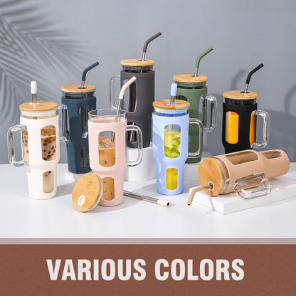 Glass Tumbler with Lid, 32 oz Glass Cup with Handle, Glass Water Bottles with Time Marker, 2 Straws - Pearl Straw & Silicone Protective Sleeve - Olive