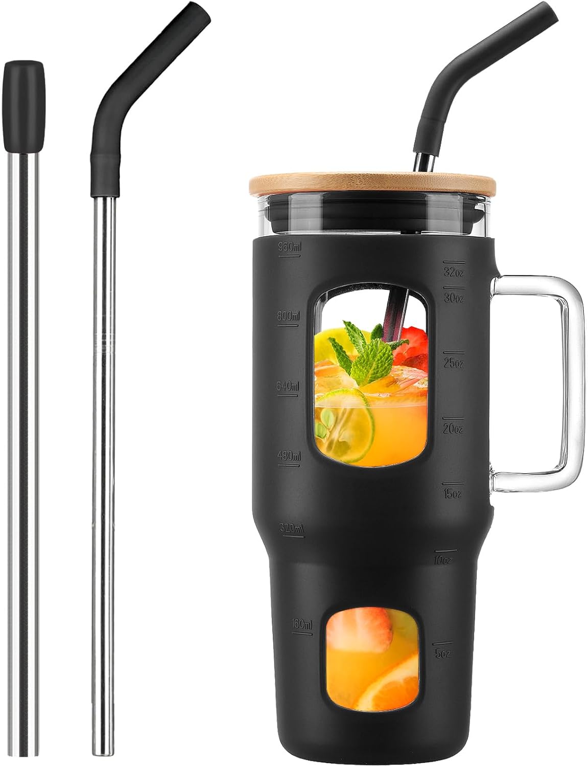 Glass Tumbler with Lid, 32 oz Glass Cup with Handle, Glass Water Bottles with Time Marker, 2 Straws - Pearl Straw & Silicone Protective Sleeve - Olive