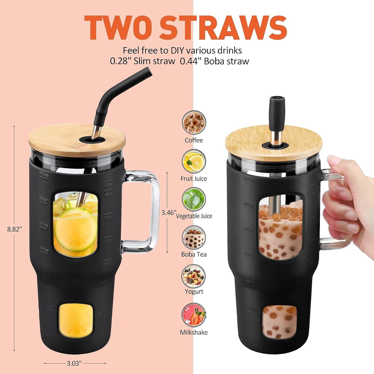 Glass Tumbler with Lid, 32 oz Glass Cup with Handle, Glass Water Bottles with Time Marker, 2 Straws - Pearl Straw & Silicone Protective Sleeve - Olive