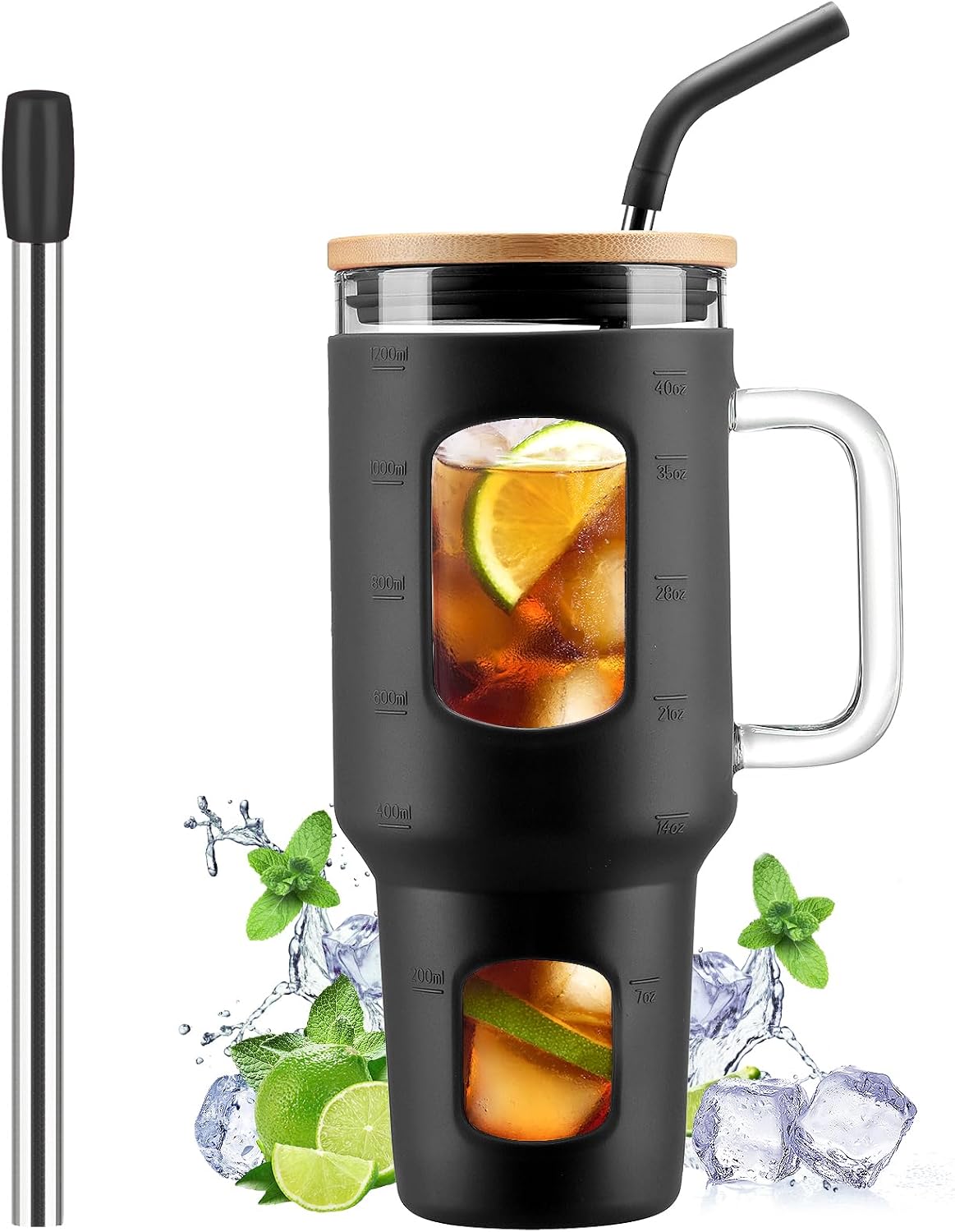 Glass Tumbler with Lid, 32 oz Glass Cup with Handle, Glass Water Bottles with Time Marker, 2 Straws - Pearl Straw & Silicone Protective Sleeve - Olive