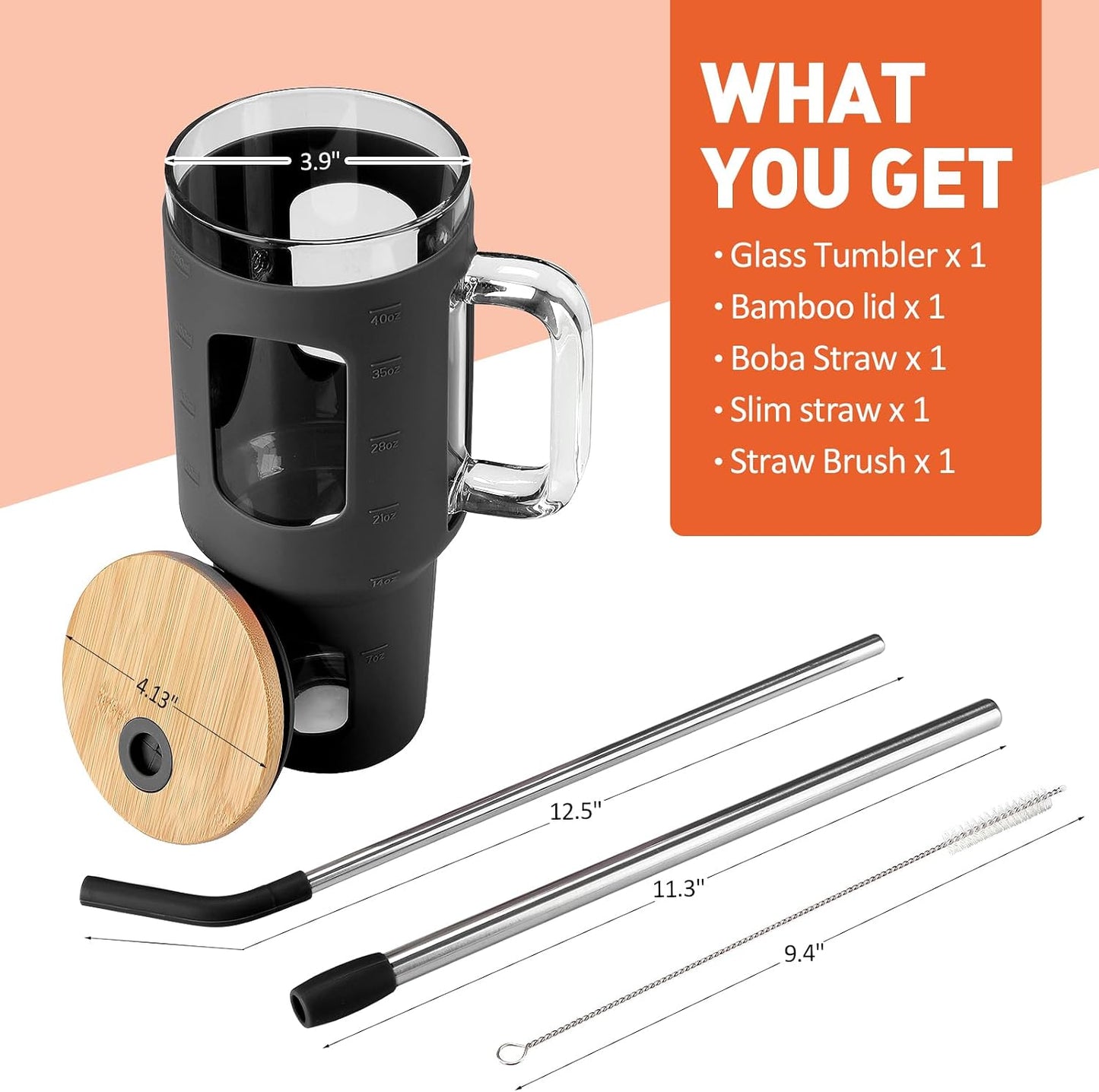 Glass Tumbler with Lid, 32 oz Glass Cup with Handle, Glass Water Bottles with Time Marker, 2 Straws - Pearl Straw & Silicone Protective Sleeve - Olive