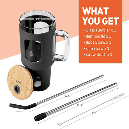 Glass Tumbler with Lid, 32 oz Glass Cup with Handle, Glass Water Bottles with Time Marker, 2 Straws - Pearl Straw & Silicone Protective Sleeve - Olive