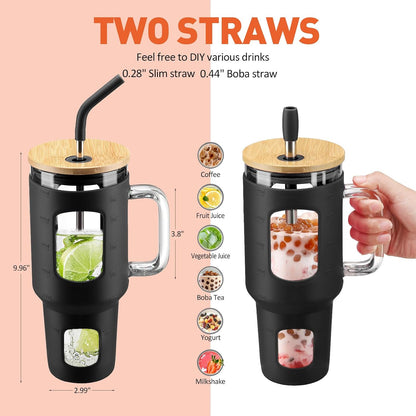 Glass Tumbler with Lid, 32 oz Glass Cup with Handle, Glass Water Bottles with Time Marker, 2 Straws - Pearl Straw & Silicone Protective Sleeve - Olive