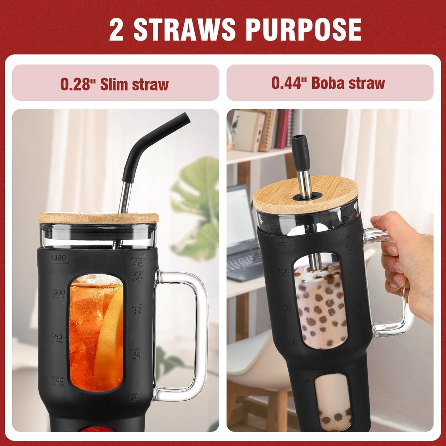 Glass Tumbler with Lid, 32 oz Glass Cup with Handle, Glass Water Bottles with Time Marker, 2 Straws - Pearl Straw & Silicone Protective Sleeve - Olive