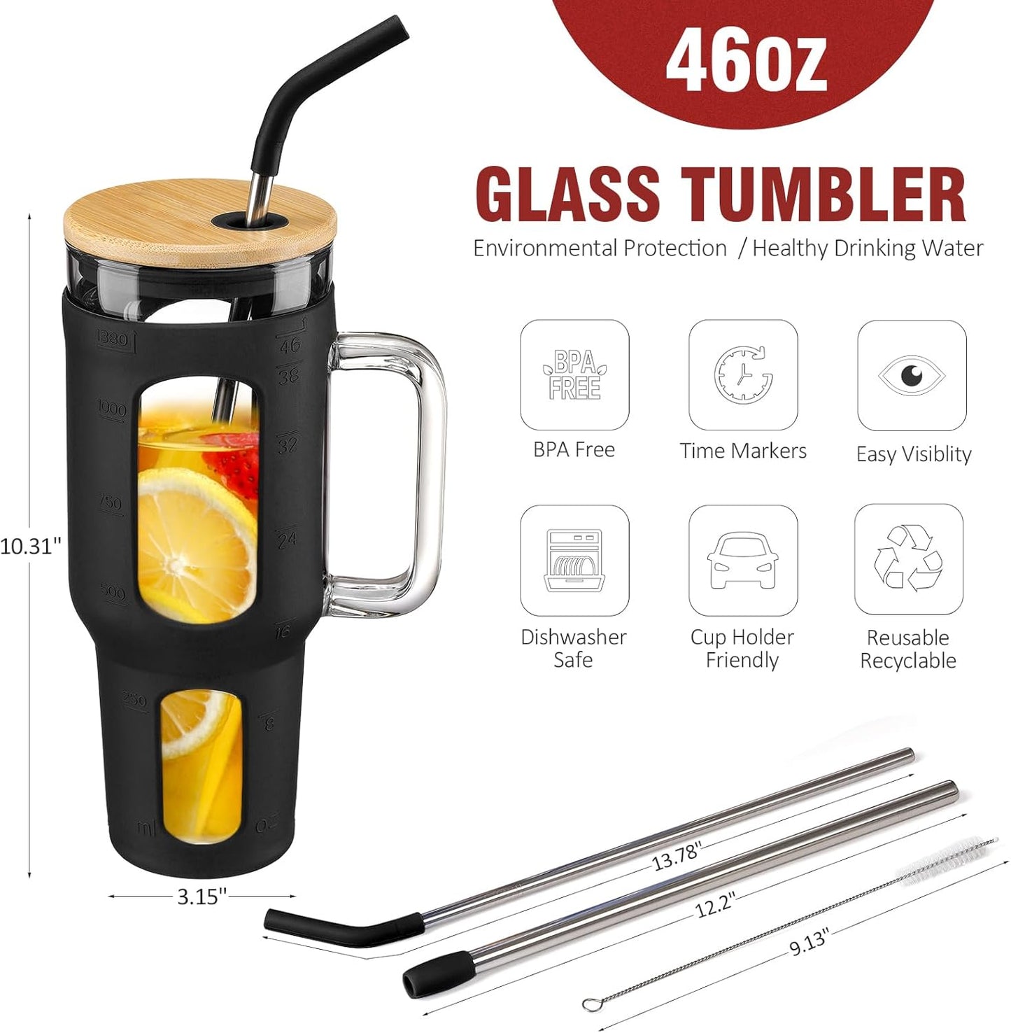 Glass Tumbler with Lid, 32 oz Glass Cup with Handle, Glass Water Bottles with Time Marker, 2 Straws - Pearl Straw & Silicone Protective Sleeve - Olive