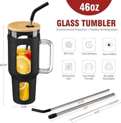 Glass Tumbler with Lid, 32 oz Glass Cup with Handle, Glass Water Bottles with Time Marker, 2 Straws - Pearl Straw & Silicone Protective Sleeve - Olive