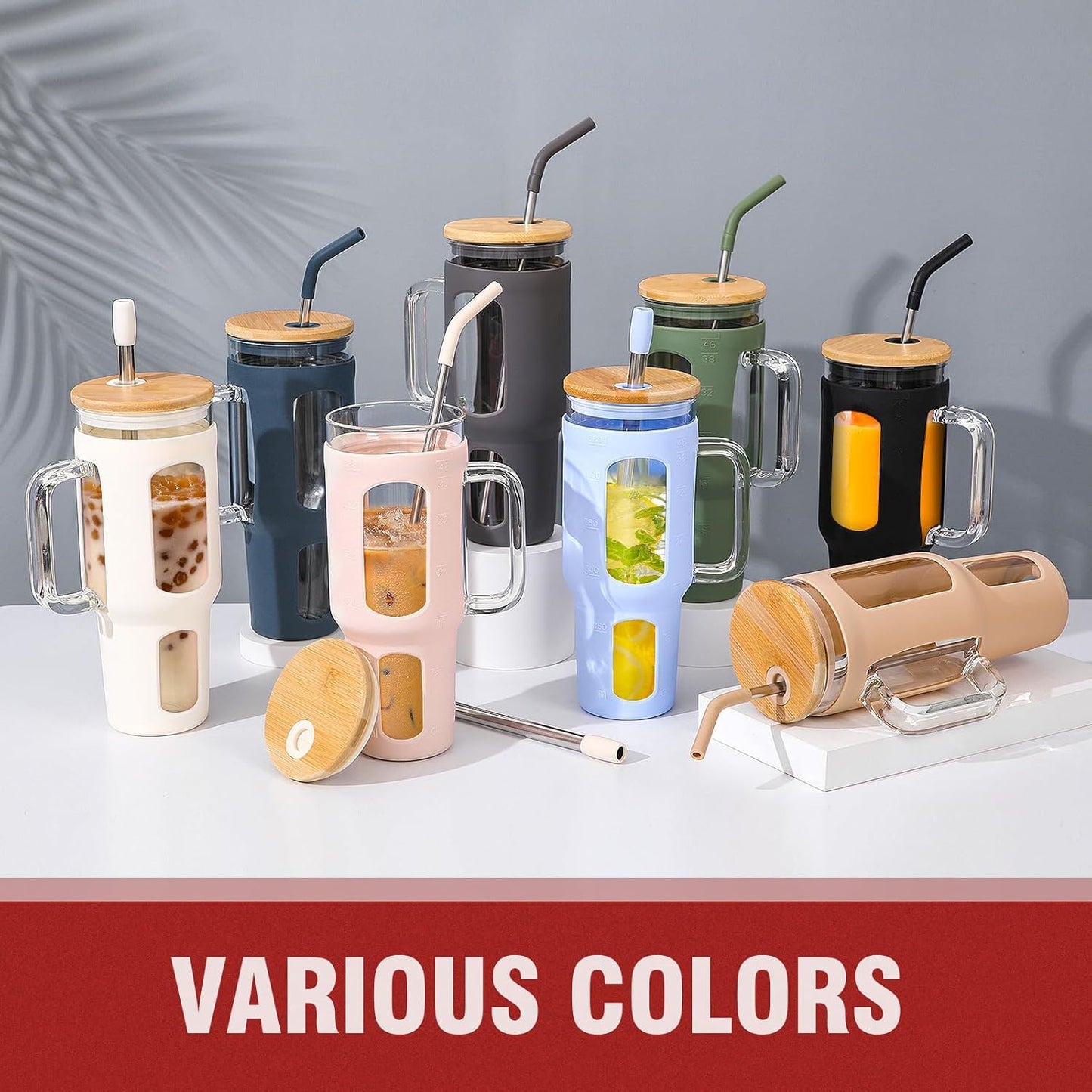 Glass Tumbler with Lid, 32 oz Glass Cup with Handle, Glass Water Bottles with Time Marker, 2 Straws - Pearl Straw & Silicone Protective Sleeve - Olive