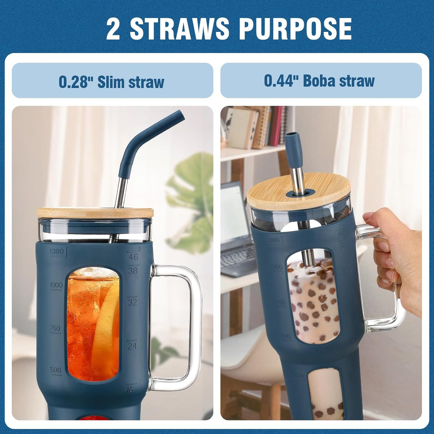 Glass Tumbler with Lid, 32 oz Glass Cup with Handle, Glass Water Bottles with Time Marker, 2 Straws - Pearl Straw & Silicone Protective Sleeve - Olive