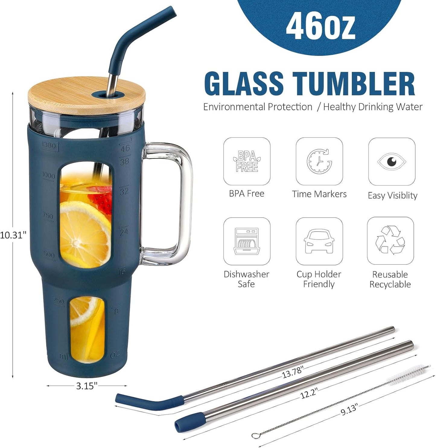 Glass Tumbler with Lid, 32 oz Glass Cup with Handle, Glass Water Bottles with Time Marker, 2 Straws - Pearl Straw & Silicone Protective Sleeve - Olive