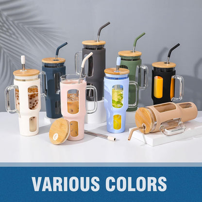 Glass Tumbler with Lid, 32 oz Glass Cup with Handle, Glass Water Bottles with Time Marker, 2 Straws - Pearl Straw & Silicone Protective Sleeve - Olive