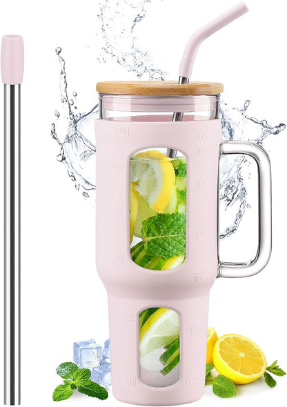 Glass Tumbler with Lid, 32 oz Glass Cup with Handle, Glass Water Bottles with Time Marker, 2 Straws - Pearl Straw & Silicone Protective Sleeve - Olive
