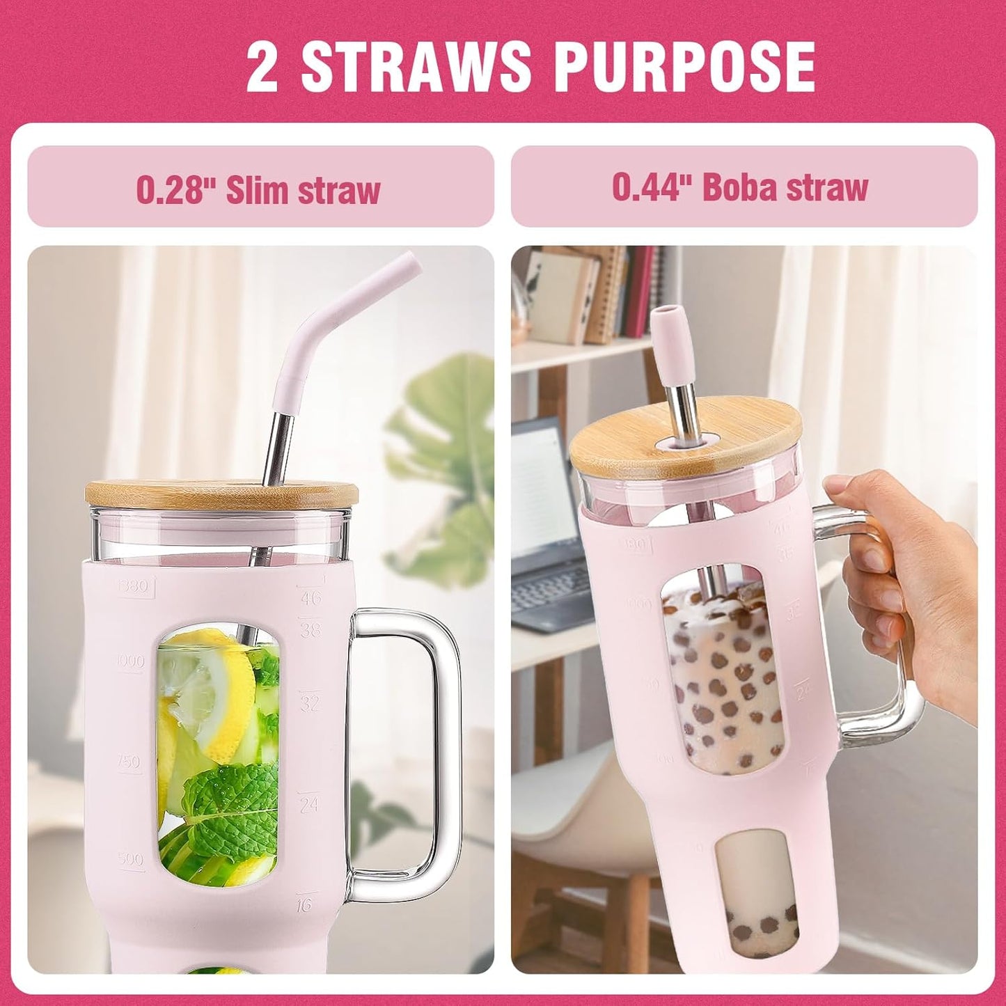 Glass Tumbler with Lid, 32 oz Glass Cup with Handle, Glass Water Bottles with Time Marker, 2 Straws - Pearl Straw & Silicone Protective Sleeve - Olive