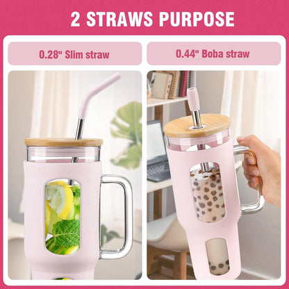 Glass Tumbler with Lid, 32 oz Glass Cup with Handle, Glass Water Bottles with Time Marker, 2 Straws - Pearl Straw & Silicone Protective Sleeve - Olive
