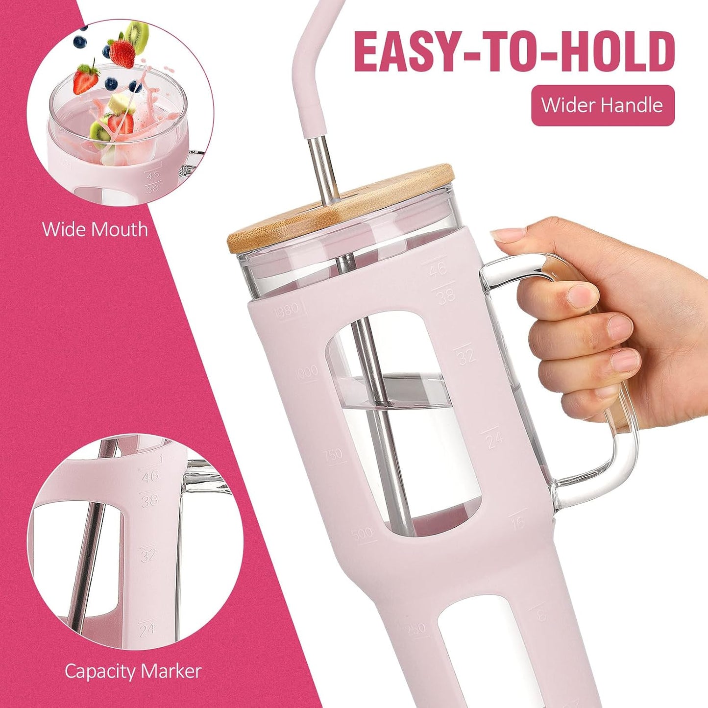 Glass Tumbler with Lid, 32 oz Glass Cup with Handle, Glass Water Bottles with Time Marker, 2 Straws - Pearl Straw & Silicone Protective Sleeve - Olive