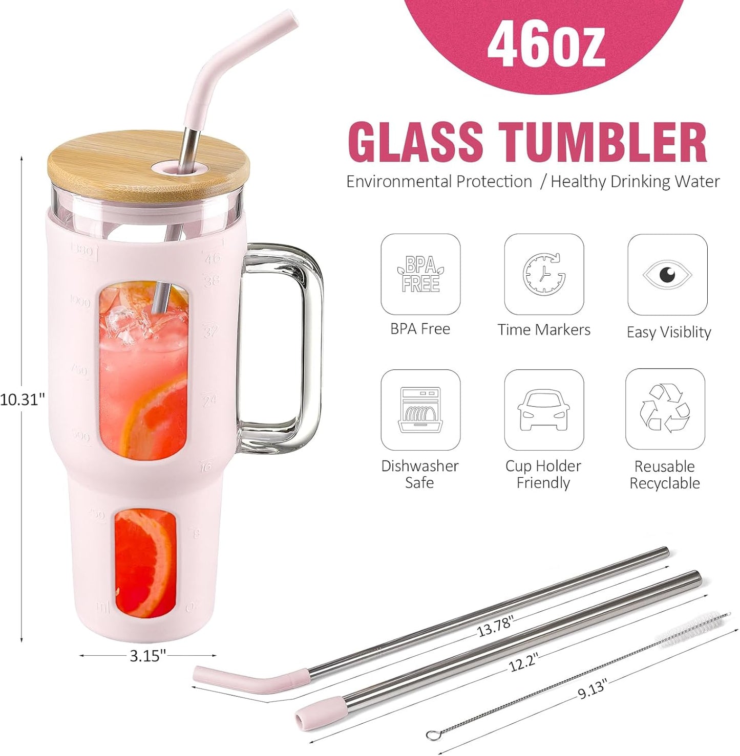 Glass Tumbler with Lid, 32 oz Glass Cup with Handle, Glass Water Bottles with Time Marker, 2 Straws - Pearl Straw & Silicone Protective Sleeve - Olive