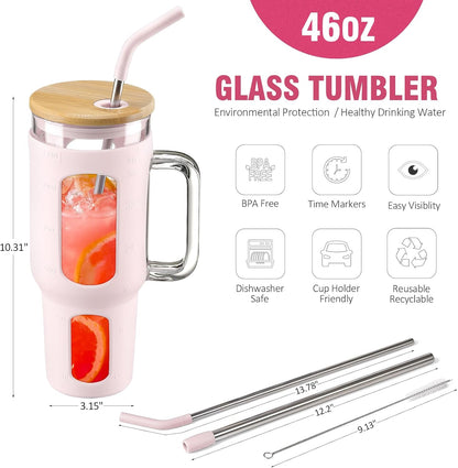 Glass Tumbler with Lid, 32 oz Glass Cup with Handle, Glass Water Bottles with Time Marker, 2 Straws - Pearl Straw & Silicone Protective Sleeve - Olive
