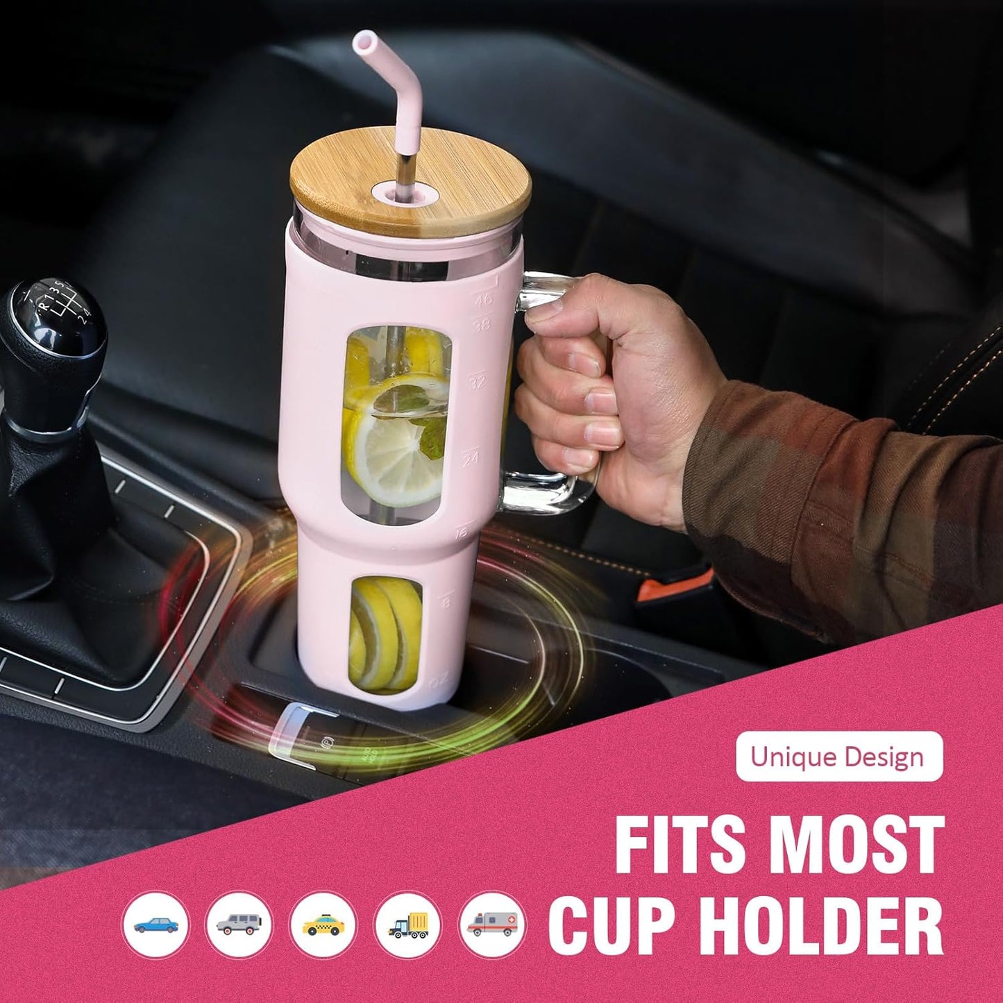 Glass Tumbler with Lid, 32 oz Glass Cup with Handle, Glass Water Bottles with Time Marker, 2 Straws - Pearl Straw & Silicone Protective Sleeve - Olive