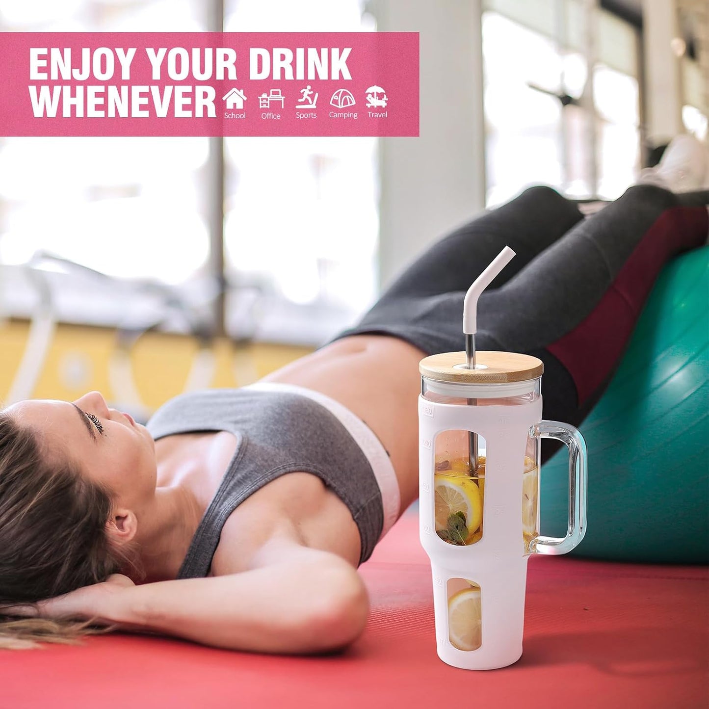 Glass Tumbler with Lid, 32 oz Glass Cup with Handle, Glass Water Bottles with Time Marker, 2 Straws - Pearl Straw & Silicone Protective Sleeve - Olive