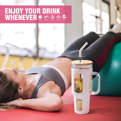 Glass Tumbler with Lid, 32 oz Glass Cup with Handle, Glass Water Bottles with Time Marker, 2 Straws - Pearl Straw & Silicone Protective Sleeve - Olive