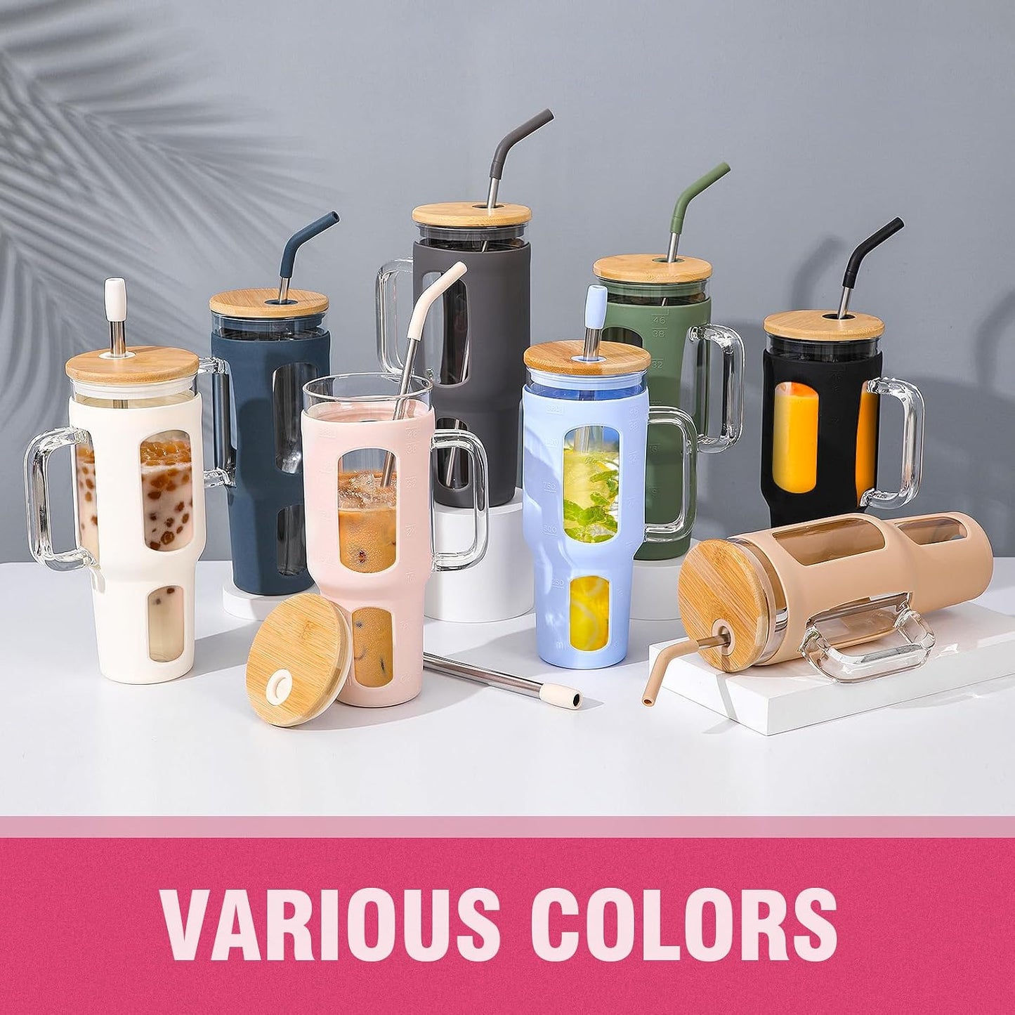 Glass Tumbler with Lid, 32 oz Glass Cup with Handle, Glass Water Bottles with Time Marker, 2 Straws - Pearl Straw & Silicone Protective Sleeve - Olive
