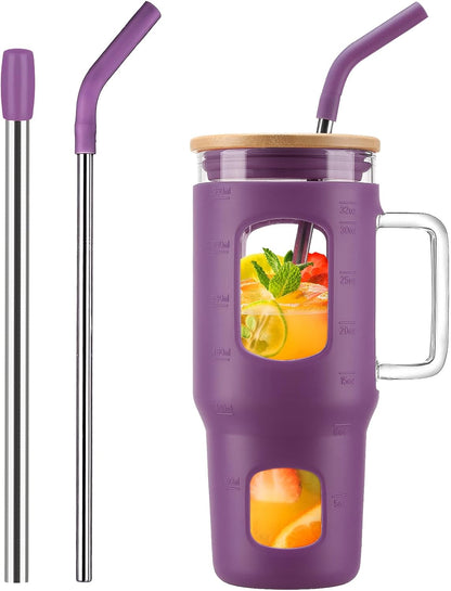 Glass Tumbler with Lid, 32 oz Glass Cup with Handle, Glass Water Bottles with Time Marker, 2 Straws - Pearl Straw & Silicone Protective Sleeve - Olive