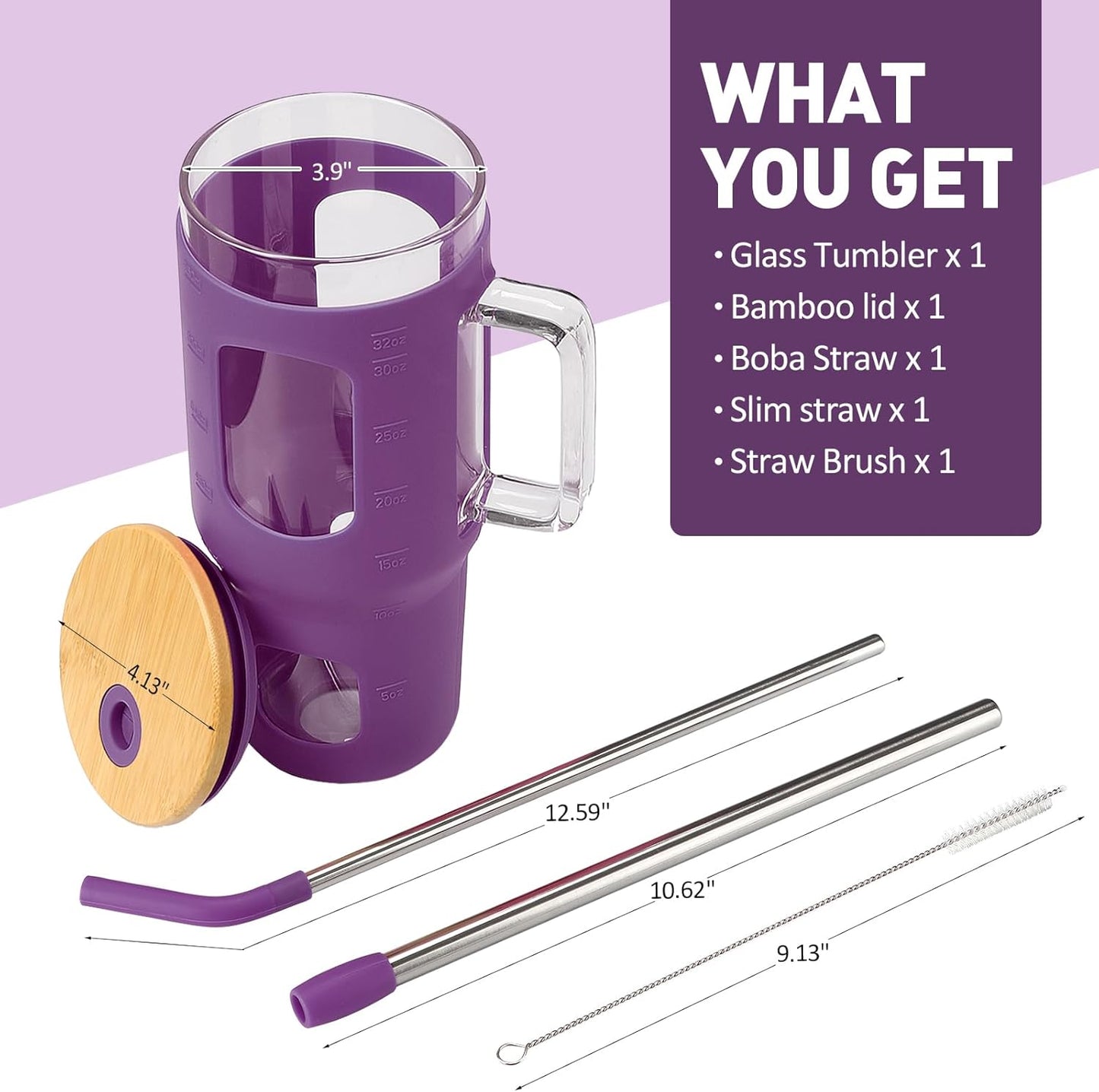 Glass Tumbler with Lid, 32 oz Glass Cup with Handle, Glass Water Bottles with Time Marker, 2 Straws - Pearl Straw & Silicone Protective Sleeve - Olive
