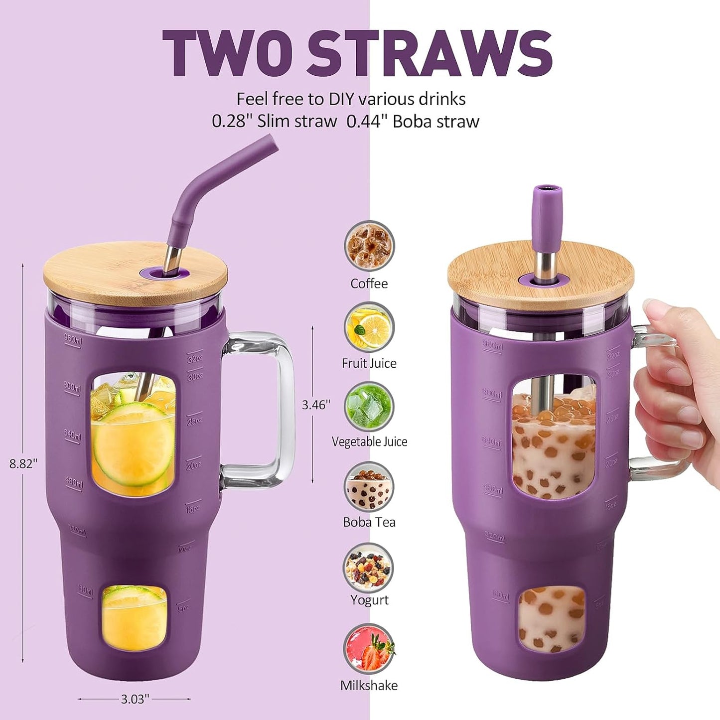 Glass Tumbler with Lid, 32 oz Glass Cup with Handle, Glass Water Bottles with Time Marker, 2 Straws - Pearl Straw & Silicone Protective Sleeve - Olive