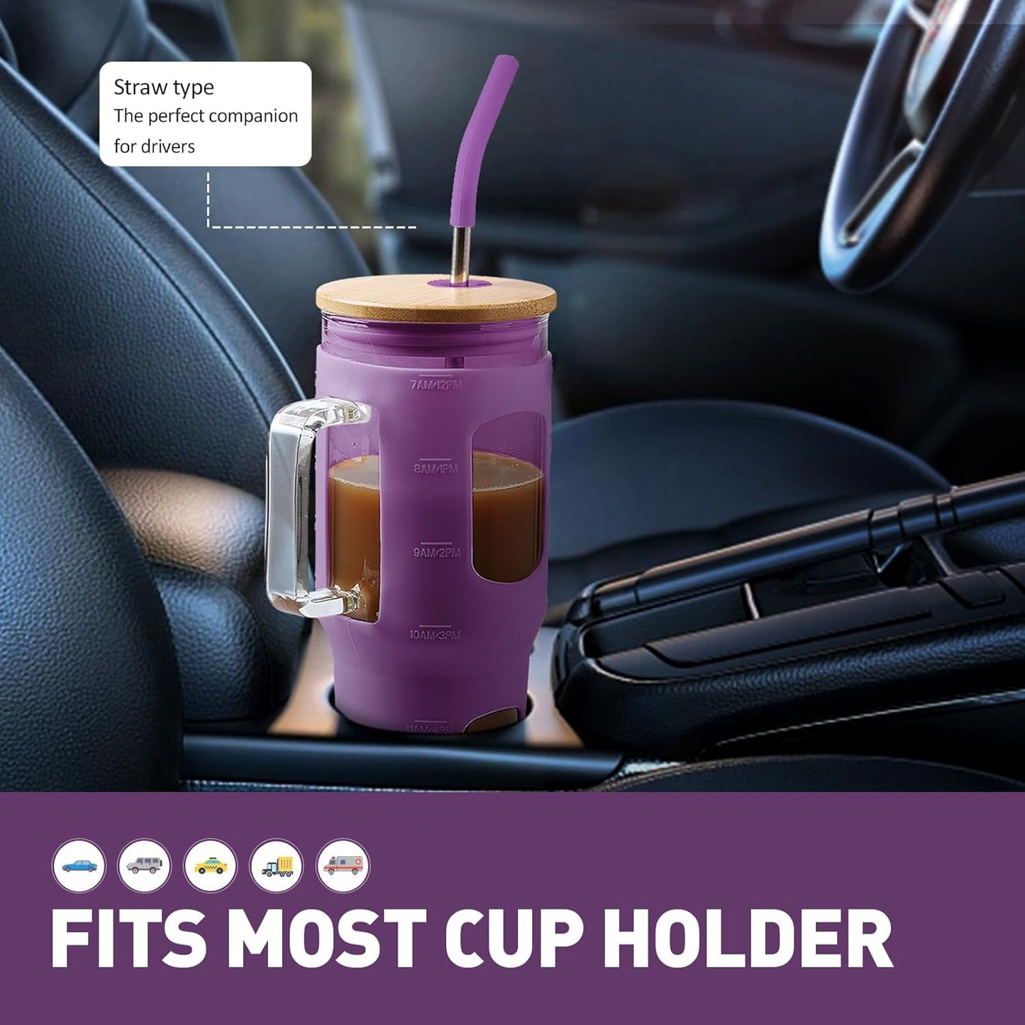Glass Tumbler with Lid, 32 oz Glass Cup with Handle, Glass Water Bottles with Time Marker, 2 Straws - Pearl Straw & Silicone Protective Sleeve - Olive