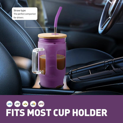 Glass Tumbler with Lid, 32 oz Glass Cup with Handle, Glass Water Bottles with Time Marker, 2 Straws - Pearl Straw & Silicone Protective Sleeve - Olive