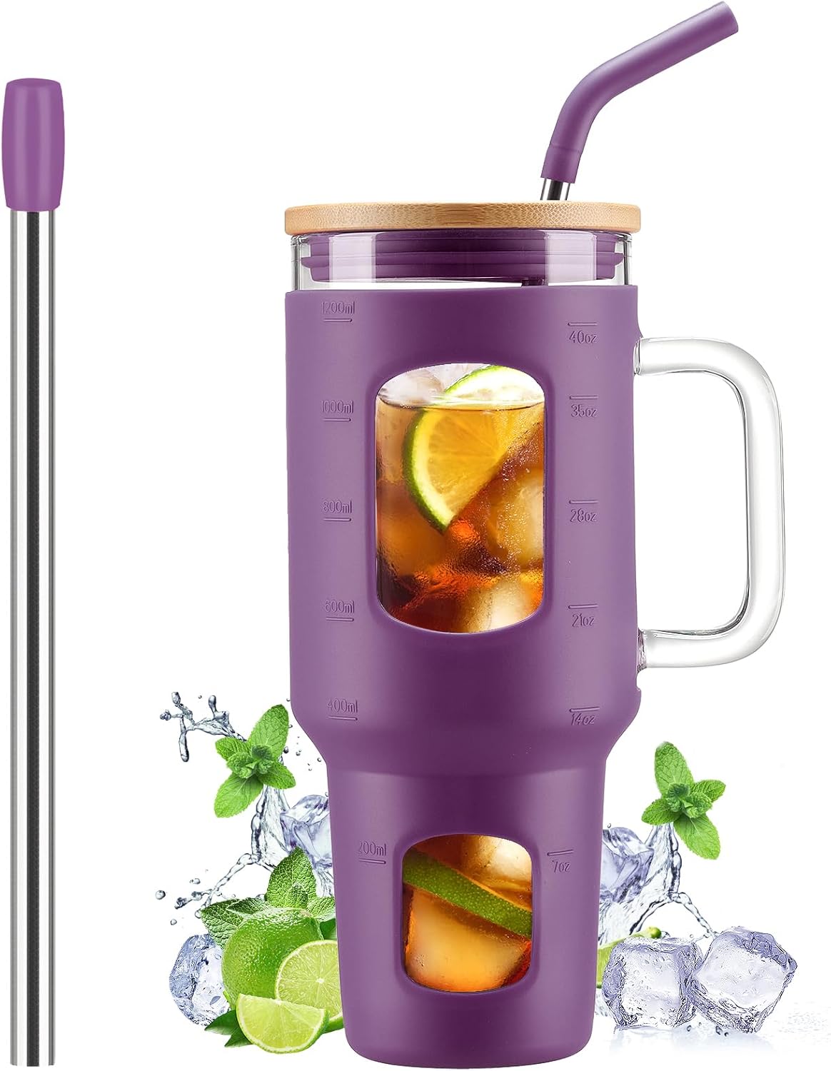 Glass Tumbler with Lid, 32 oz Glass Cup with Handle, Glass Water Bottles with Time Marker, 2 Straws - Pearl Straw & Silicone Protective Sleeve - Olive