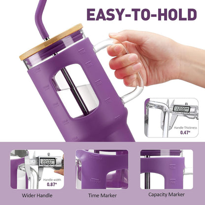 Glass Tumbler with Lid, 32 oz Glass Cup with Handle, Glass Water Bottles with Time Marker, 2 Straws - Pearl Straw & Silicone Protective Sleeve - Olive