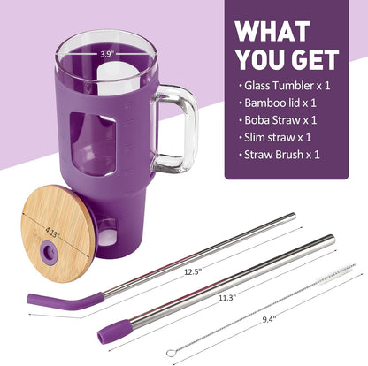 Glass Tumbler with Lid, 32 oz Glass Cup with Handle, Glass Water Bottles with Time Marker, 2 Straws - Pearl Straw & Silicone Protective Sleeve - Olive