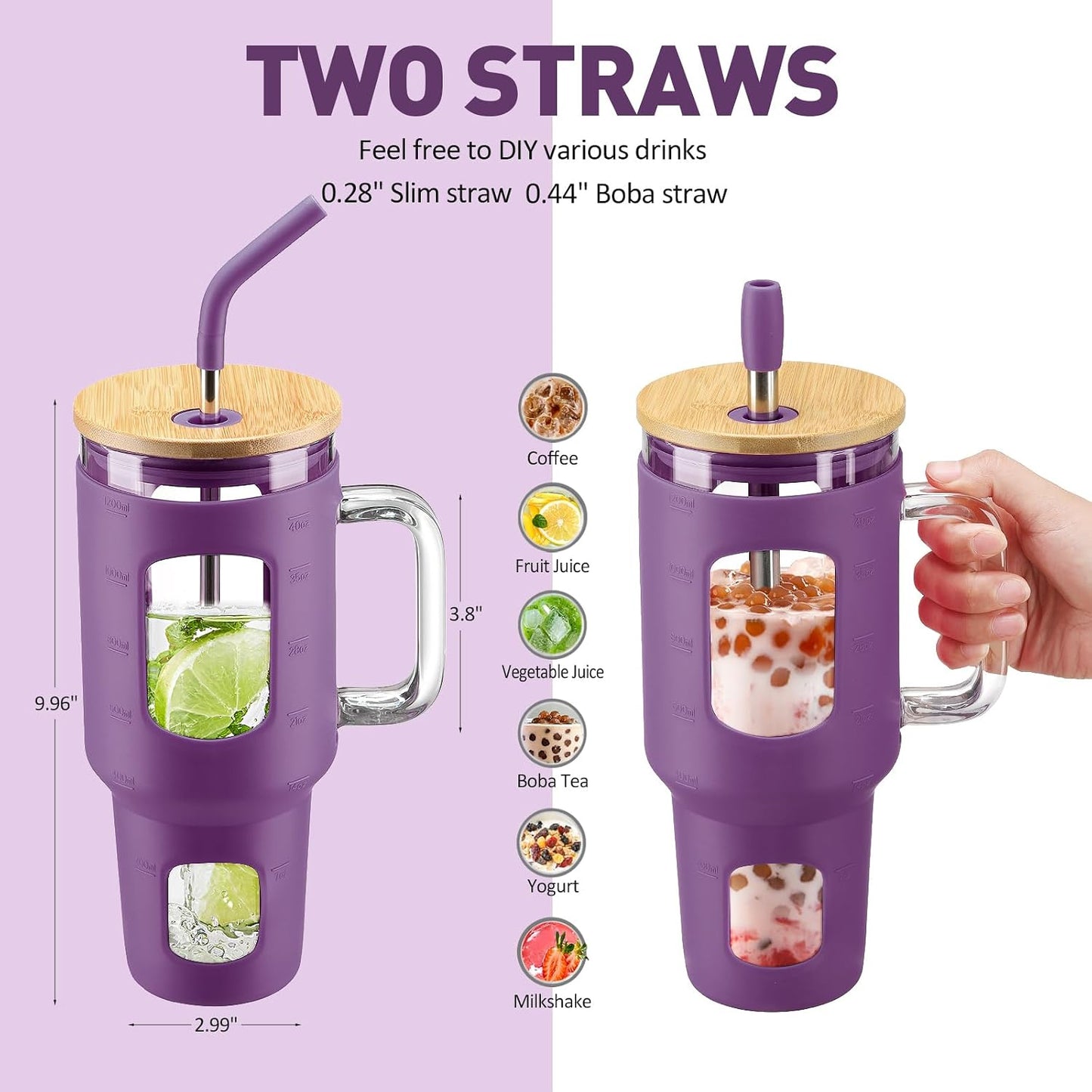 Glass Tumbler with Lid, 32 oz Glass Cup with Handle, Glass Water Bottles with Time Marker, 2 Straws - Pearl Straw & Silicone Protective Sleeve - Olive