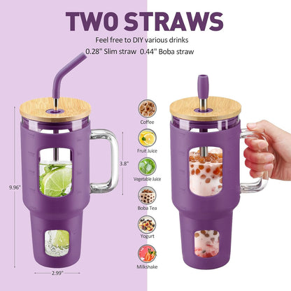 Glass Tumbler with Lid, 32 oz Glass Cup with Handle, Glass Water Bottles with Time Marker, 2 Straws - Pearl Straw & Silicone Protective Sleeve - Olive