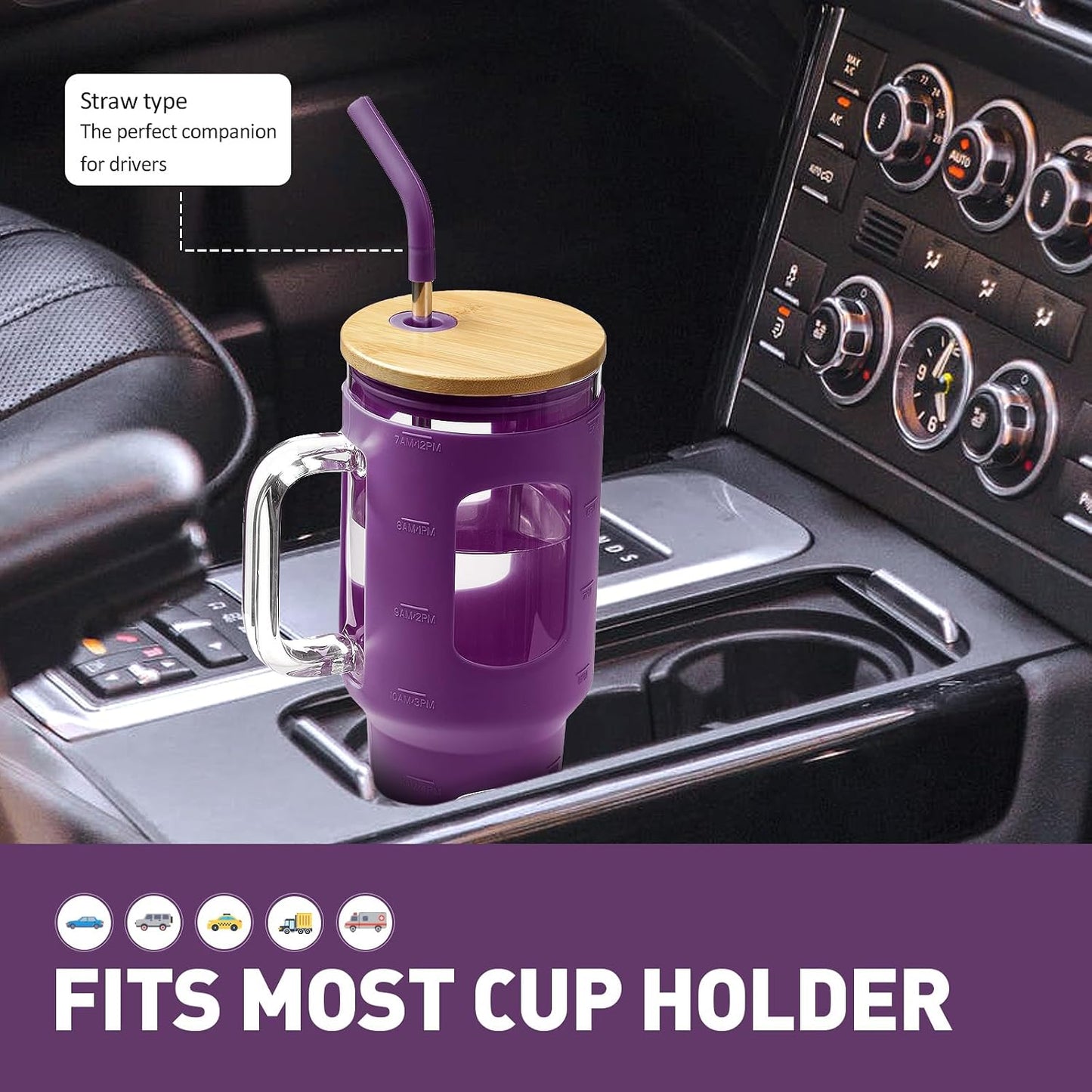 Glass Tumbler with Lid, 32 oz Glass Cup with Handle, Glass Water Bottles with Time Marker, 2 Straws - Pearl Straw & Silicone Protective Sleeve - Olive