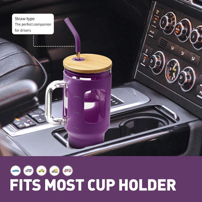 Glass Tumbler with Lid, 32 oz Glass Cup with Handle, Glass Water Bottles with Time Marker, 2 Straws - Pearl Straw & Silicone Protective Sleeve - Olive