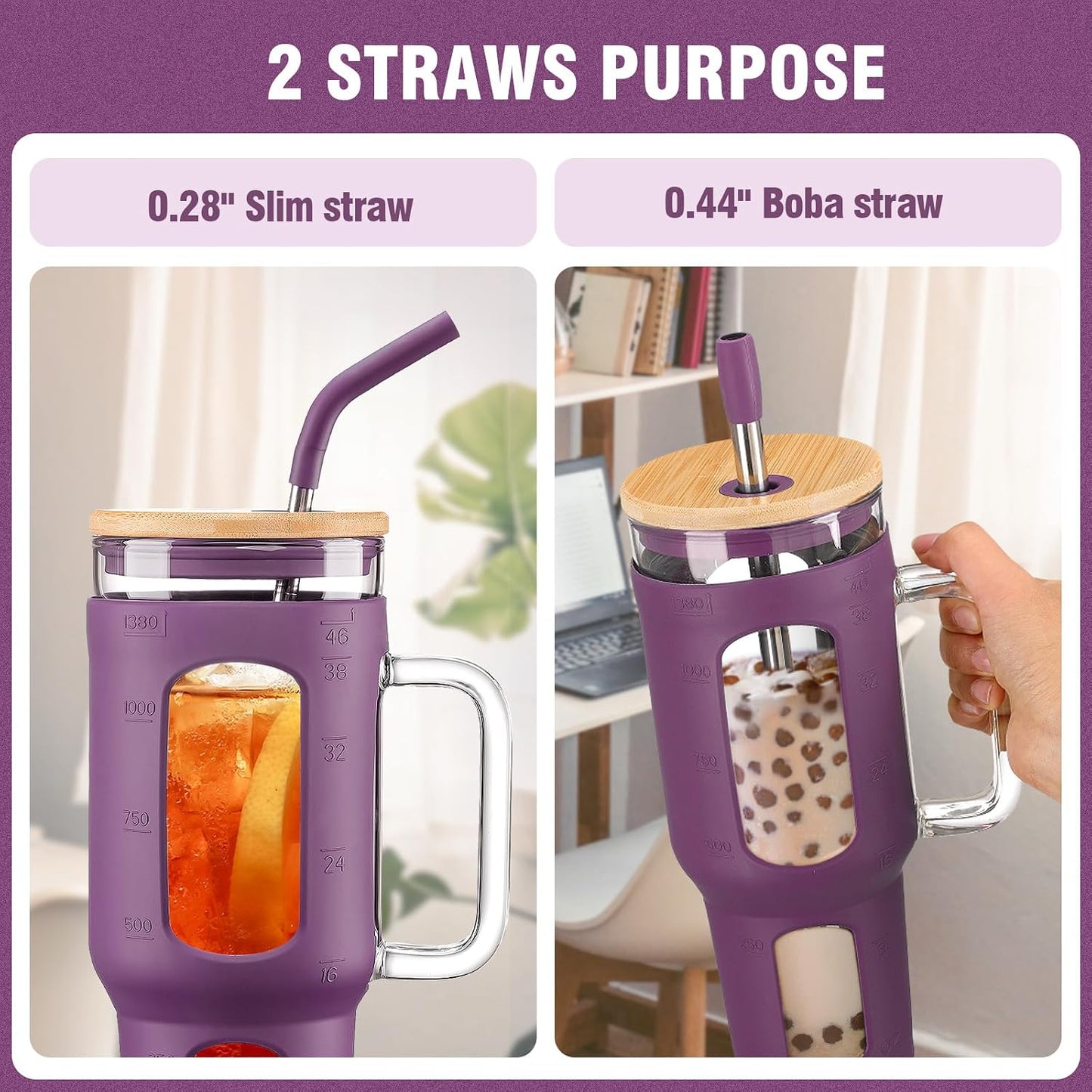 Glass Tumbler with Lid, 32 oz Glass Cup with Handle, Glass Water Bottles with Time Marker, 2 Straws - Pearl Straw & Silicone Protective Sleeve - Olive