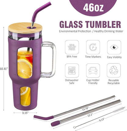 Glass Tumbler with Lid, 32 oz Glass Cup with Handle, Glass Water Bottles with Time Marker, 2 Straws - Pearl Straw & Silicone Protective Sleeve - Olive