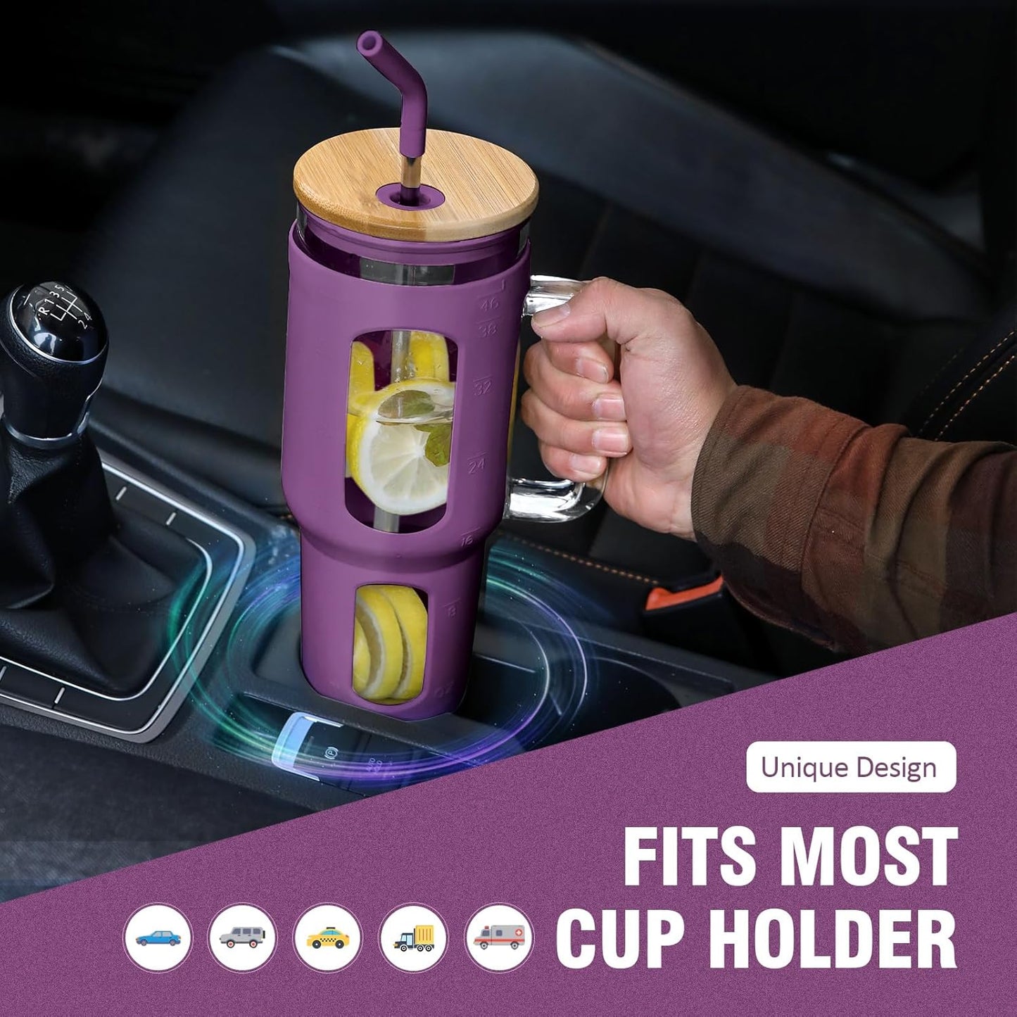 Glass Tumbler with Lid, 32 oz Glass Cup with Handle, Glass Water Bottles with Time Marker, 2 Straws - Pearl Straw & Silicone Protective Sleeve - Olive