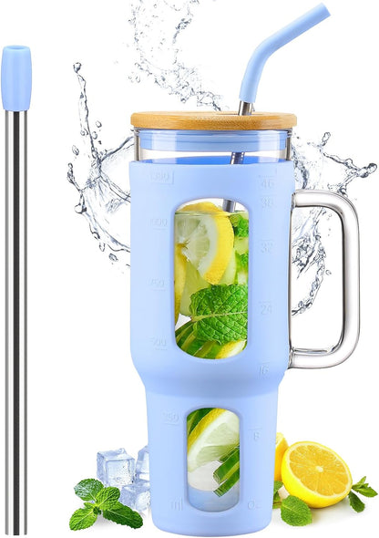 Glass Tumbler with Lid, 32 oz Glass Cup with Handle, Glass Water Bottles with Time Marker, 2 Straws - Pearl Straw & Silicone Protective Sleeve - Olive